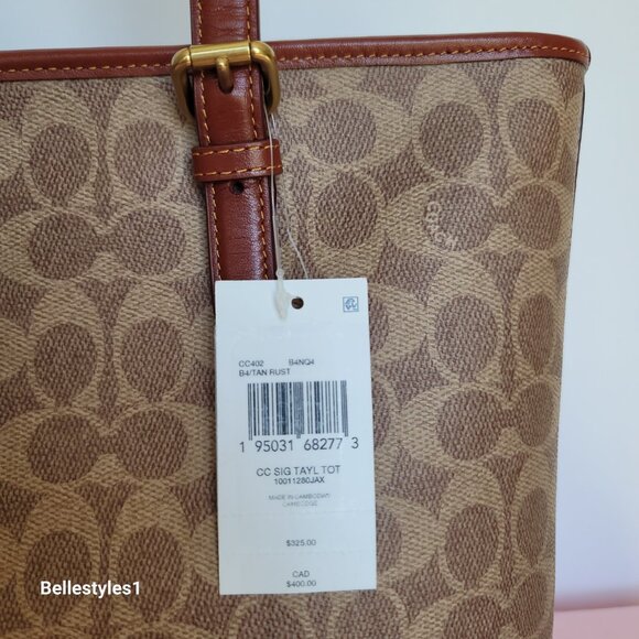 COACH Taylor Signature Logo Canvas Tote with C Dangle Charm-Tan Rust color ⭐ - Picture 16 of 16